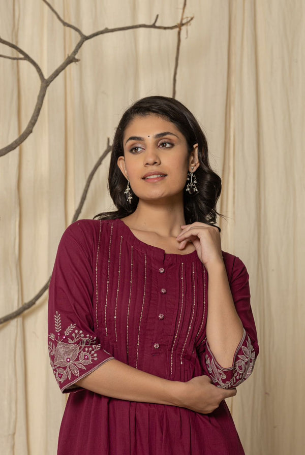 purple Embroidery work Kurti Set - Cotton everyday wear | Kunvarani