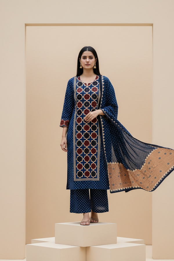 Blue Ajrakh Print Kurti Set with Dupatta