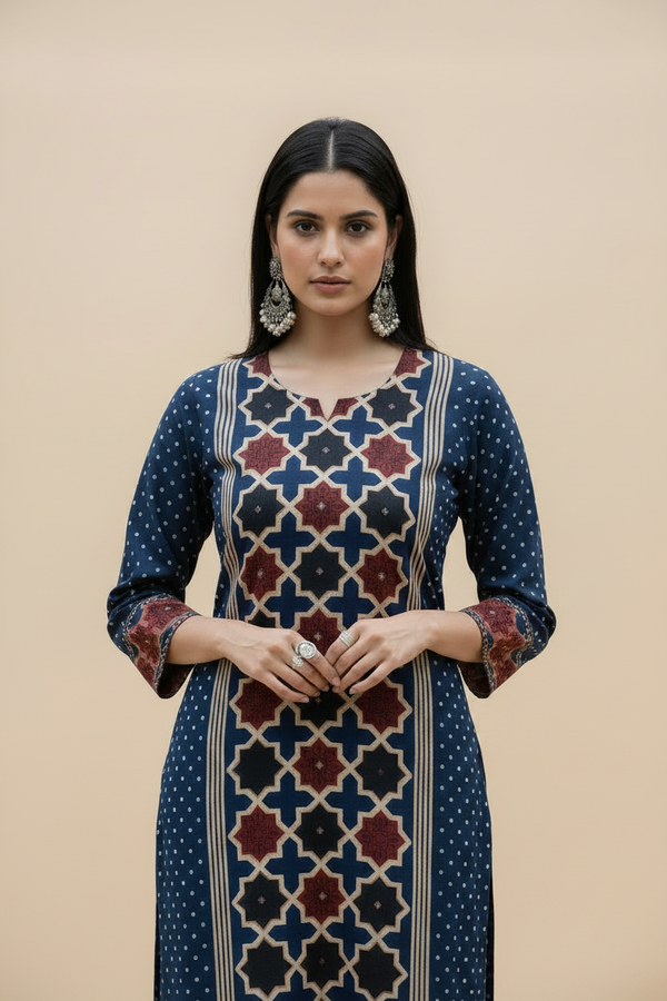 Blue Ajrakh Print Kurti Set with Dupatta