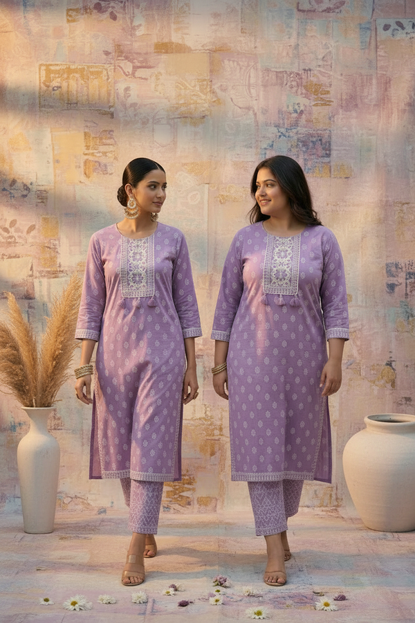 Lavender Cotton Kurti Set - Embroidery Tassle Detail
