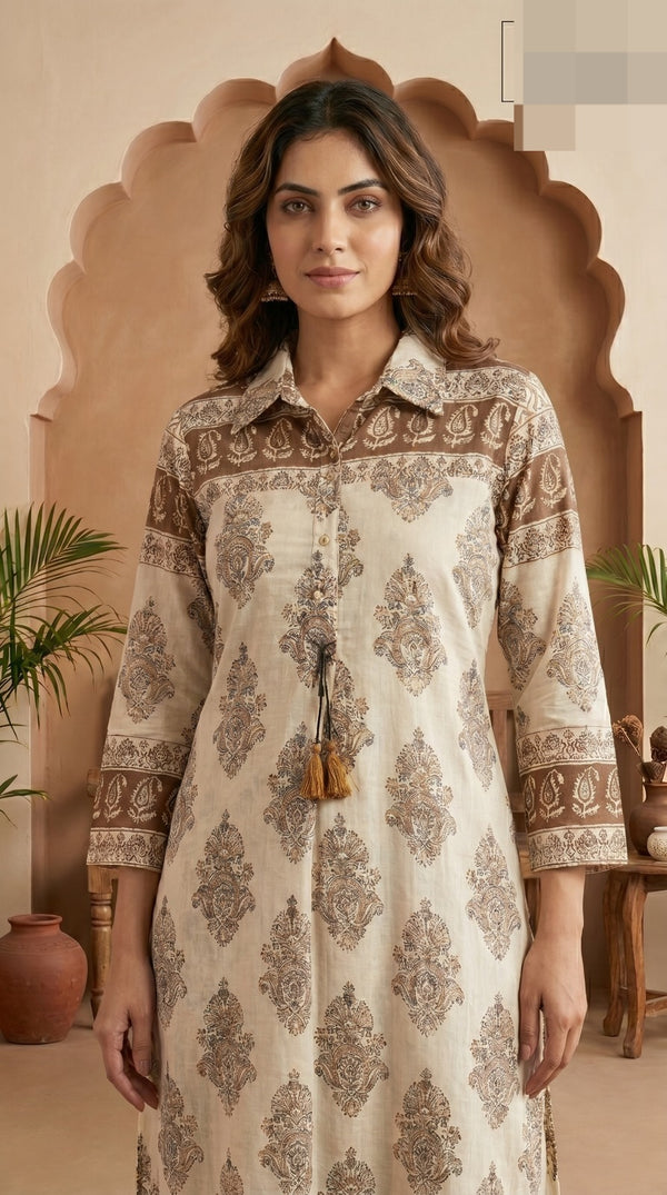 Cream Mull Cotton kurti Set Casual Wear - everyday wear | Kunvarani