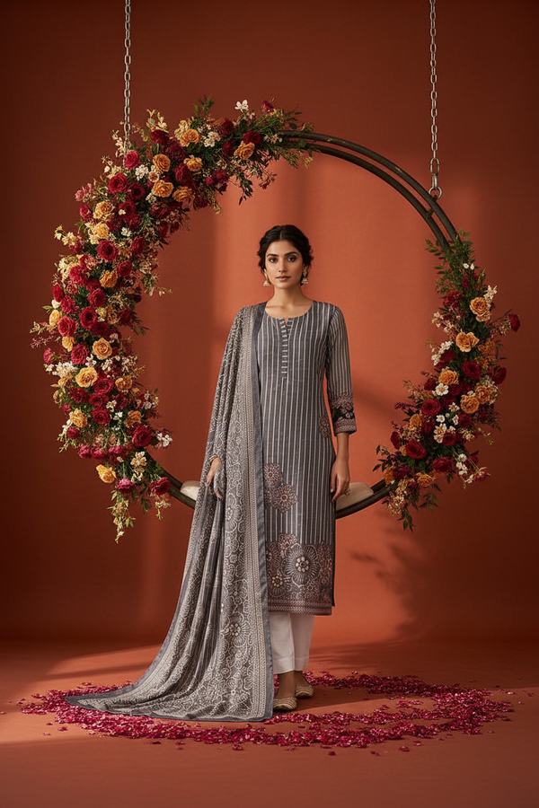 Grey Cotton Kurti Set with Dupatta
