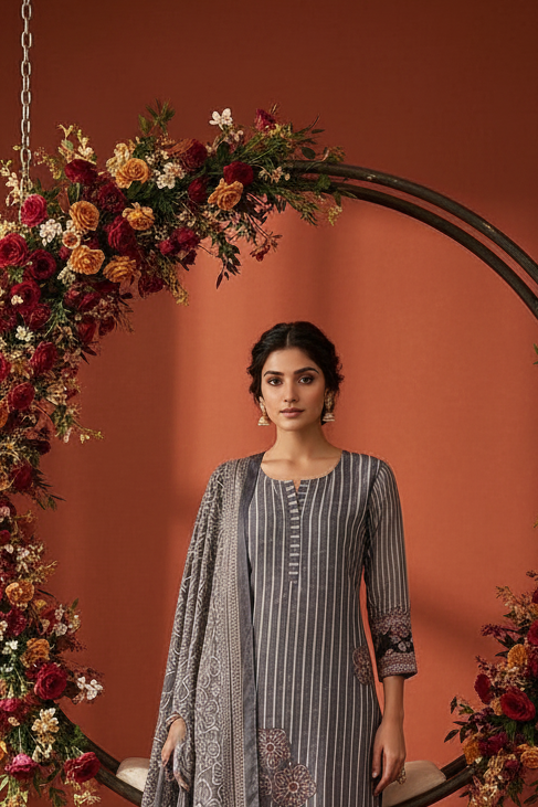 Grey Cotton Kurti Set with Dupatta