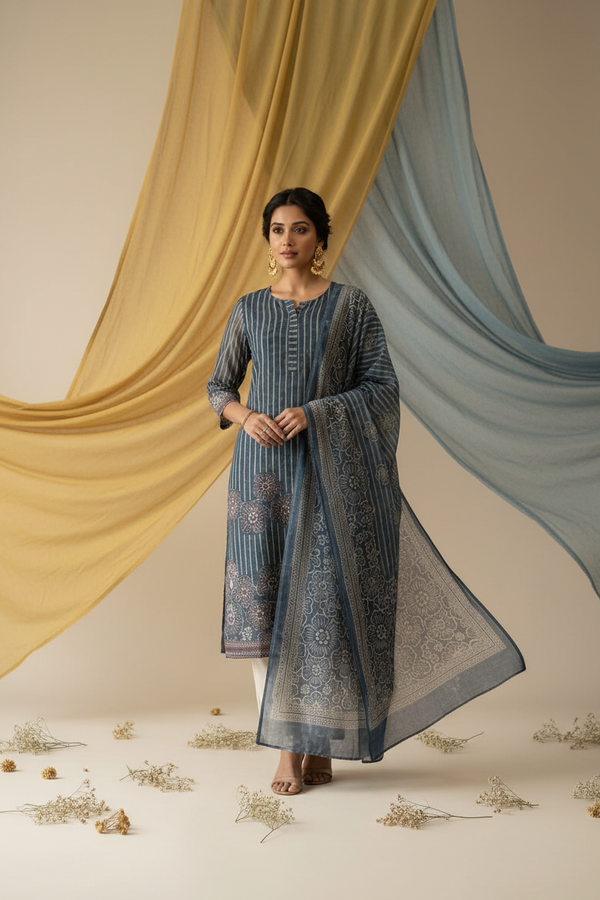 Blue Cotton Kurti Set with Dupatta