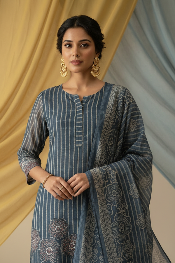 Blue Cotton Kurti Set with Dupatta
