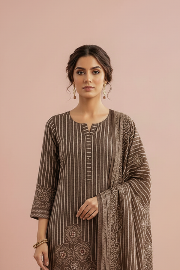 Brown Cotton Kurti Set with Dupatta