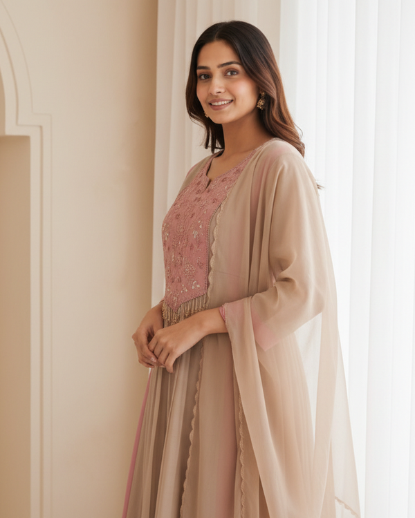 Beige Chanderi Silk Beadwork Kurti Set with Dupatta