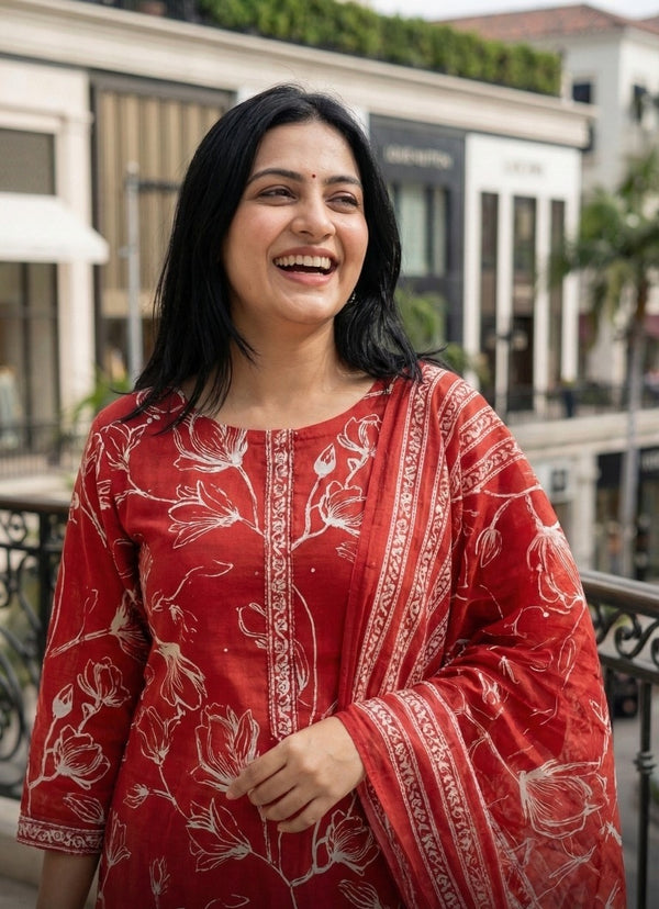 Pink Abstract Print Cotton Kurta Set with Dupatta