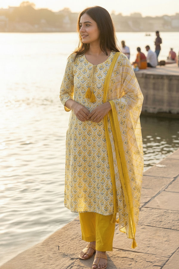 Mustard Floral Block Print Kurta Set