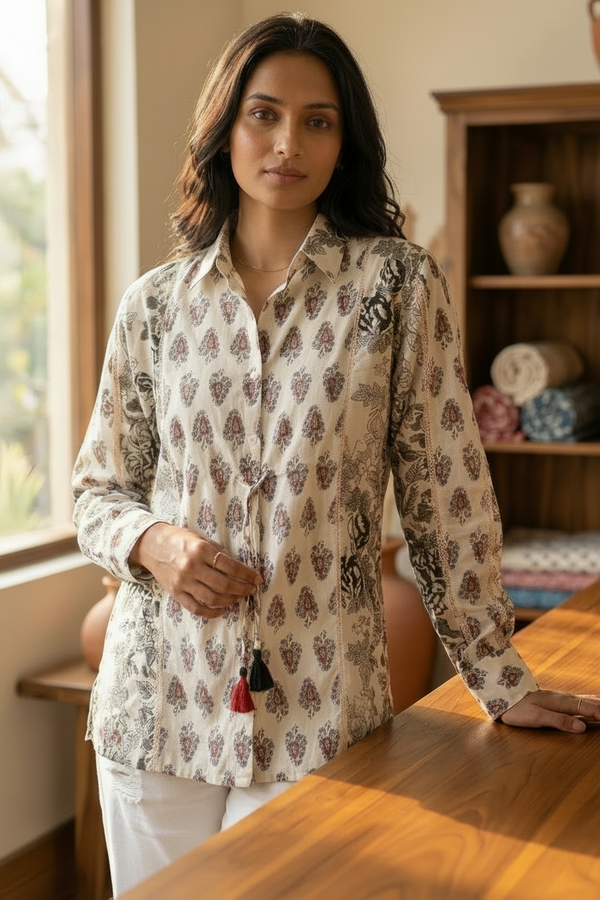 Woman wearing Off-White Mull Cotton Ajrakh Print Shirt | Kunvarani