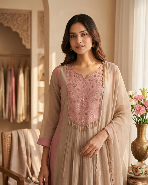 Woman wearing Beige Chanderi Silk Beadwork Kurti Set with Dupatta | Kunvarani