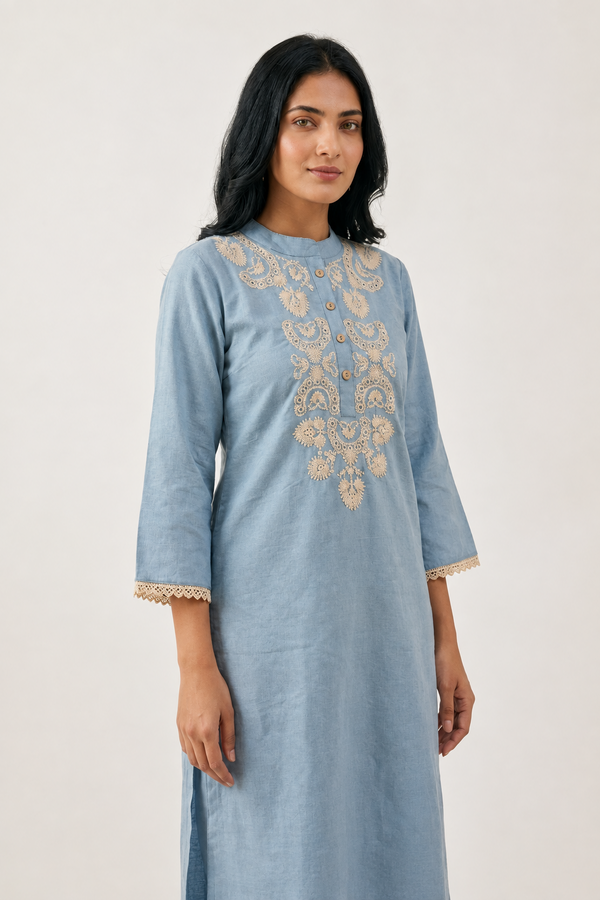Woman wearing Powder Blue Embroidery High Neck Co Ord Set | Kunvarani