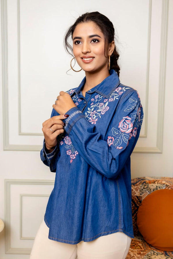 Blue Embroidered Floral Shirt Kurta