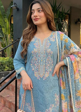 Woman wearing Powder Blue Cotton Blend Thread Work Kurti Set with Dupatta | Kunvarani