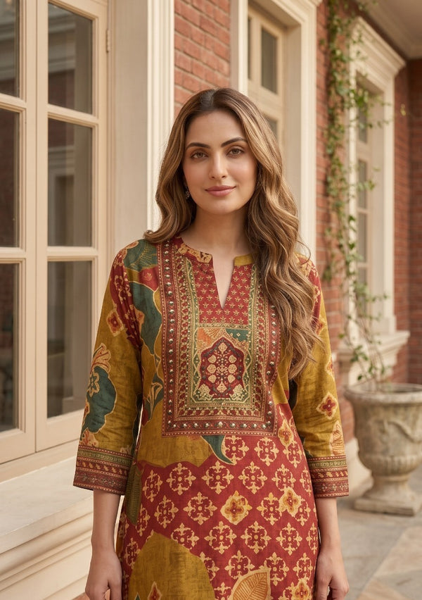 Woman wearing Mogal print kurta Set | Kunvarani