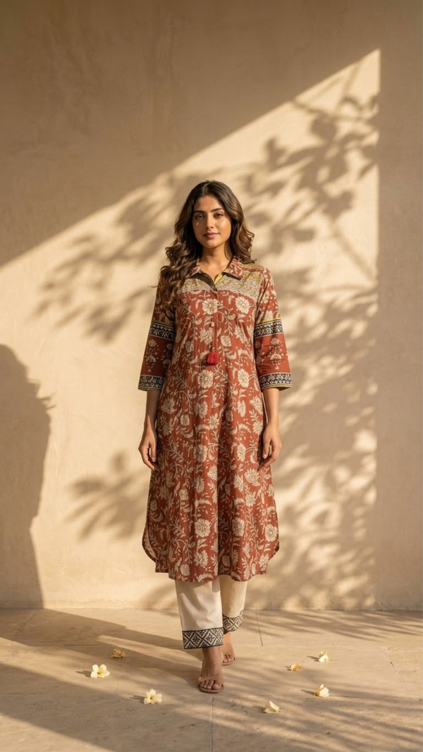 Rust Silk Blend Floral Print Co Ord Set