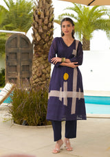 Navy Blue Ikat Border Kurta Pant Set