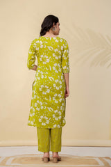 Lime Green Floral Cotton Kurta Set with Dupatta