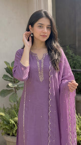 Woman wearing Purple Cotton Blend Beadwork Kurti Set with Dupatta | Kunvarani