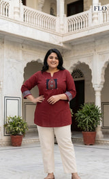 Plus Size Red Mirror Work Mandarin Collar Top