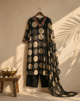 Black Cotton Kurti Set with Dupatta - Mirror Work