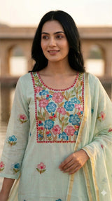 Mint Green Kota Doria Hand-Embroidered Kurta Set