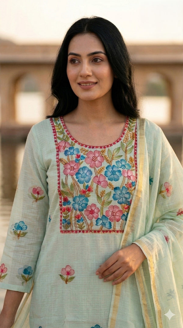 Mint Green Kota Doria Hand-Embroidered Kurta Set