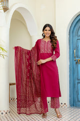 Wine Geometric Embroidered Kurta Set with Dupatta