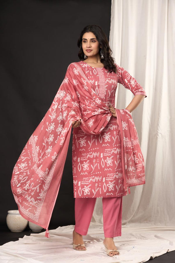 Pink Printed Cotton Kurta Set
