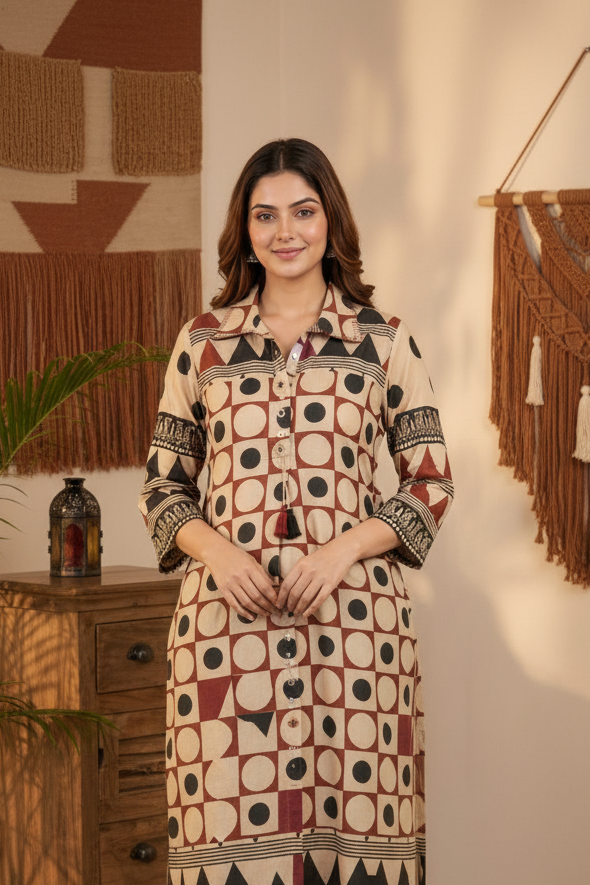 A woman modeling a long-sleeved kurta with a geometric circle and triangle pattern in beige, brown, and black, paired with dark brown pants in a styled bohemian room setting.