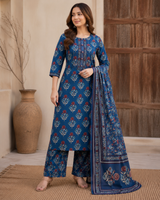 Woman wearing Flower Print kurti Set with Dupatta | Kunvarani
