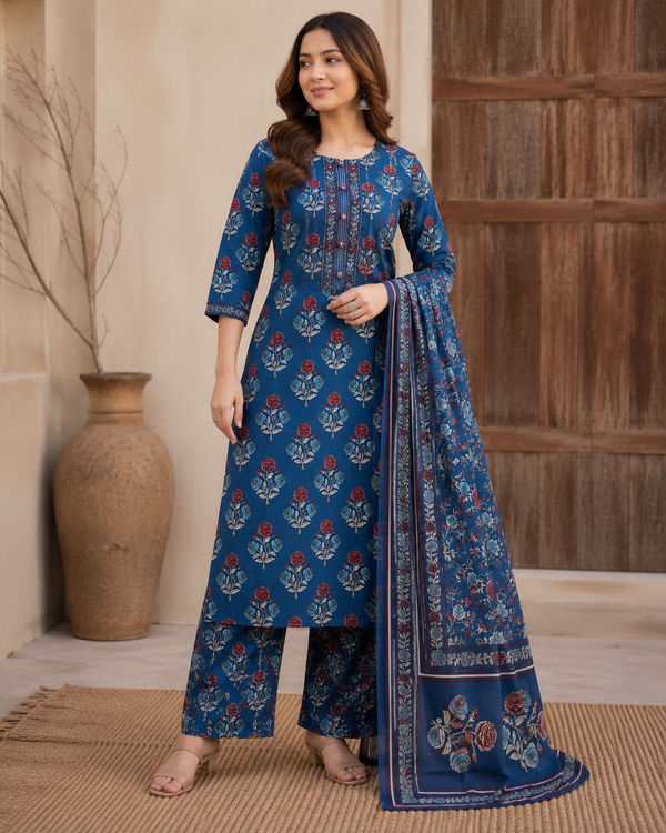 Woman wearing Flower Print kurti Set with Dupatta | Kunvarani
