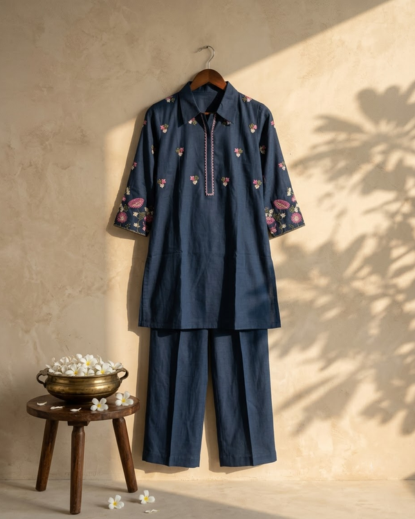 Front view of Royal Blue Chanderi Cotton Embroidery Kurti Set from Kunvarani