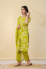Lime Green Floral Cotton Kurta Set with Dupatta