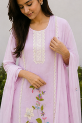 Back view of Blush Pink Organza Embroidery Kurti Set with Dupatta from Kunvarani