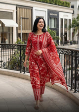 Pink Abstract Print Cotton Kurta Set with Dupatta