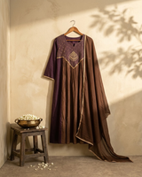 Brown Embroidery Mandarin Collar Kurti Set with Dupatta