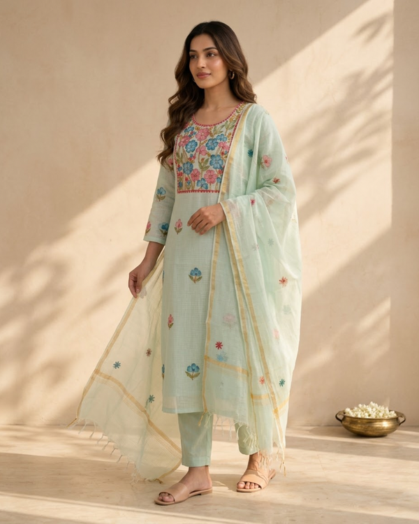 Mint Green Kota Doria Hand-Embroidered Kurta Set