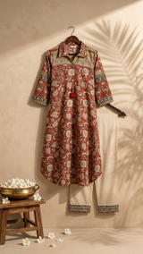 Woman wearing Rust Silk Blend Floral Print Co Ord Set | Kunvarani