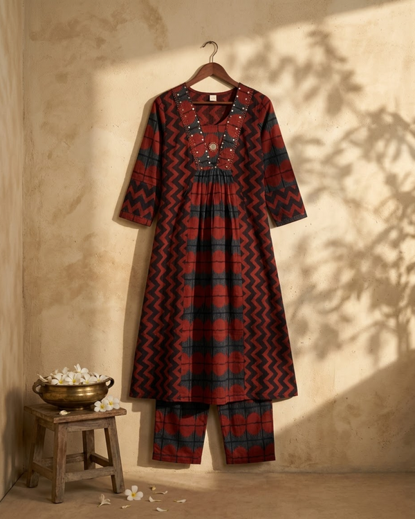 Red Black Cotton A-Line Kurti Set - Mirror Work