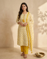 Mustard Floral Block Print Kurta Set