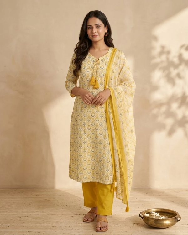 Mustard Floral Block Print Kurta Set