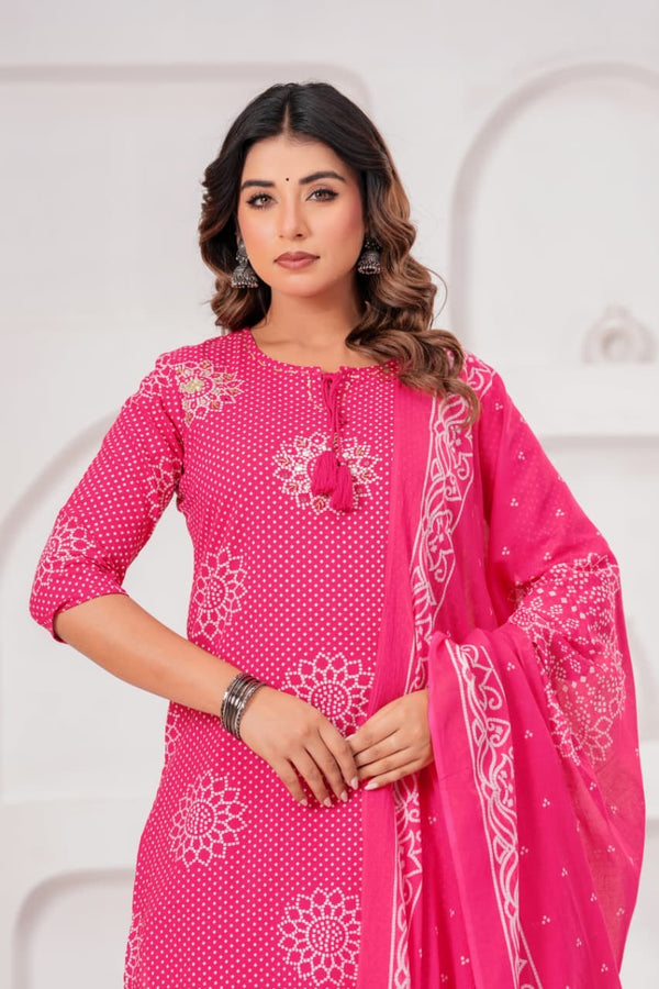 Rani Pink Bandhej Gota Patti Kurta Set