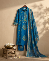 Front view of Cobalt Blue Pearl Work Kurti Set with Dupatta from Kunvarani