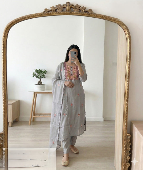 Grey Silk Embroidered Kurta Set with Dupatta