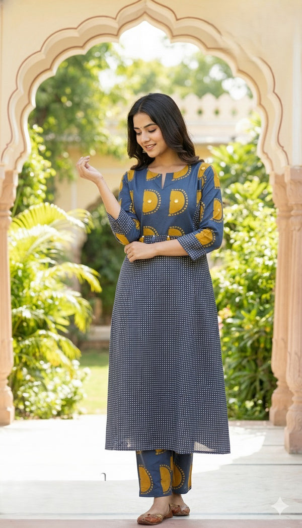 Blue Sun-Print Cotton Kurta Pant Set