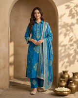 Woman wearing Cobalt Blue Pearl Work Kurti Set with Dupatta | Kunvarani