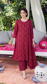 Burgundy Thread Work Mandarin Collar Kurti Set with Dupatta