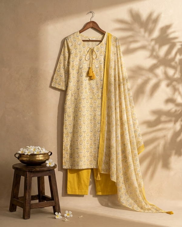Mustard Floral Block Print Kurta Set