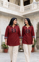 Plus Size Red Mirror Work Mandarin Collar Top
